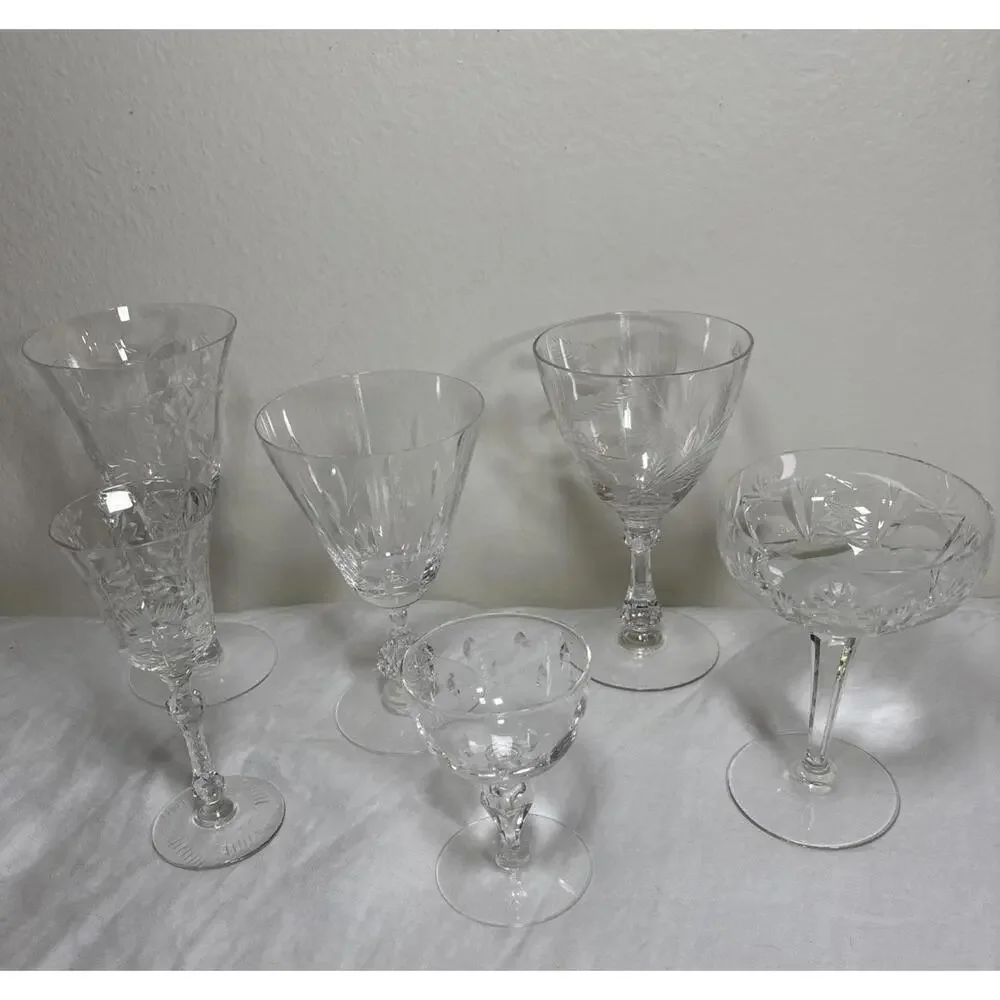 Vintage Etched Crystal Wine & Cocktail Glasses – Set of 6 Mismatched Lot